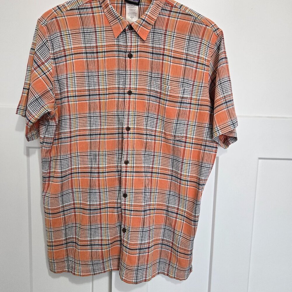 Patagonia Mens Plaid Button Front Shirt Orange Organic Cotton Tartan - Sz XL